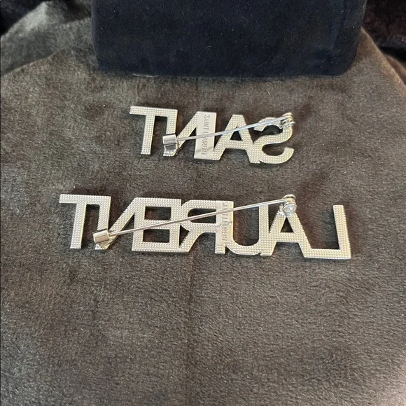 Crystal Silver Tone Saint Laurent Logo Two Piece Brooch Set - Picture 4 of 7